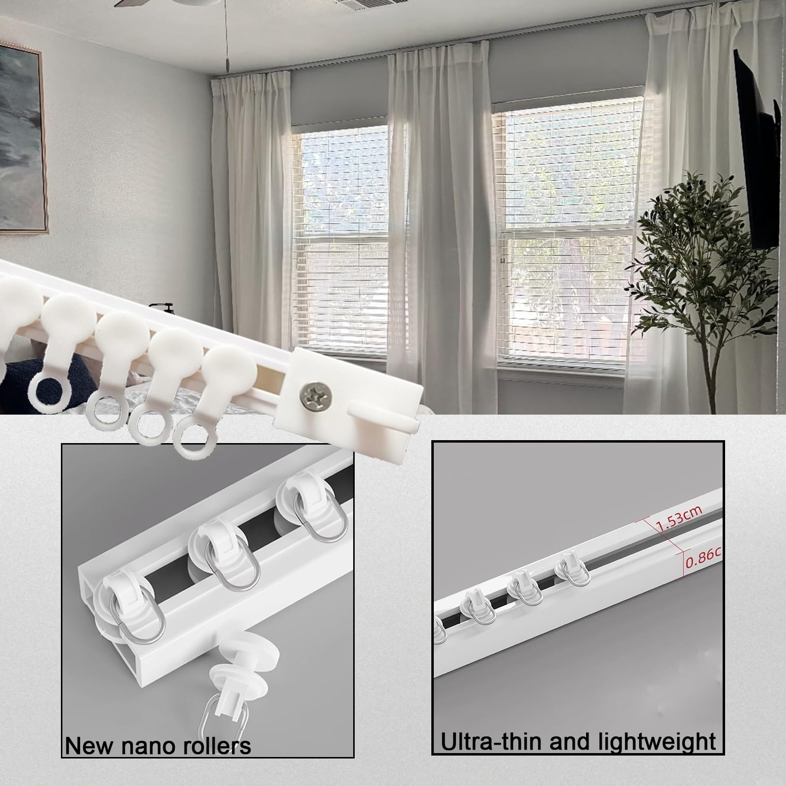 40-400 cm zestaw szyn bez wiercenia, montowany na suficie lub na ścianie, 1-drożny drążek do draperii do salonu i prysznica, łatwa instalacja, regulowana długość (3,8 m)