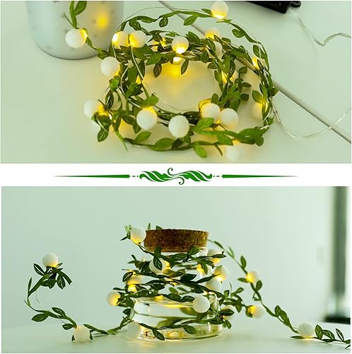 Miniatura 3 de Vigdur Paquete de 2 guirnaldas de luces de hiedra con guirnalda de hojas verdes con bayas blancas alimentadas por batería para interiores