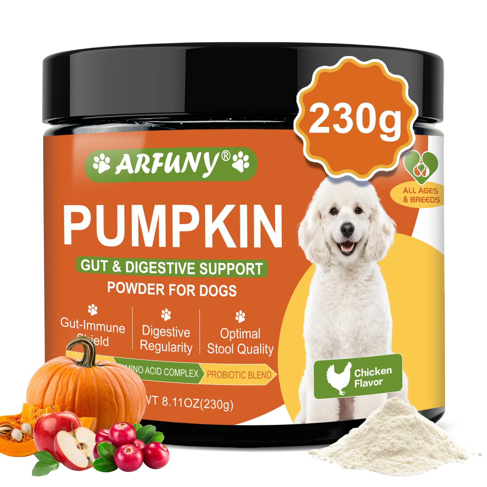 Pumpkin for Dogs - Organic Dog Pumpkin Powder - Daily Support Digestion, Diarrhea, Constipation, Upset Stomach - with Apple, Cranberry, Probiotics, Amino Acid - Urinary, Joint, Skin, Immune Health