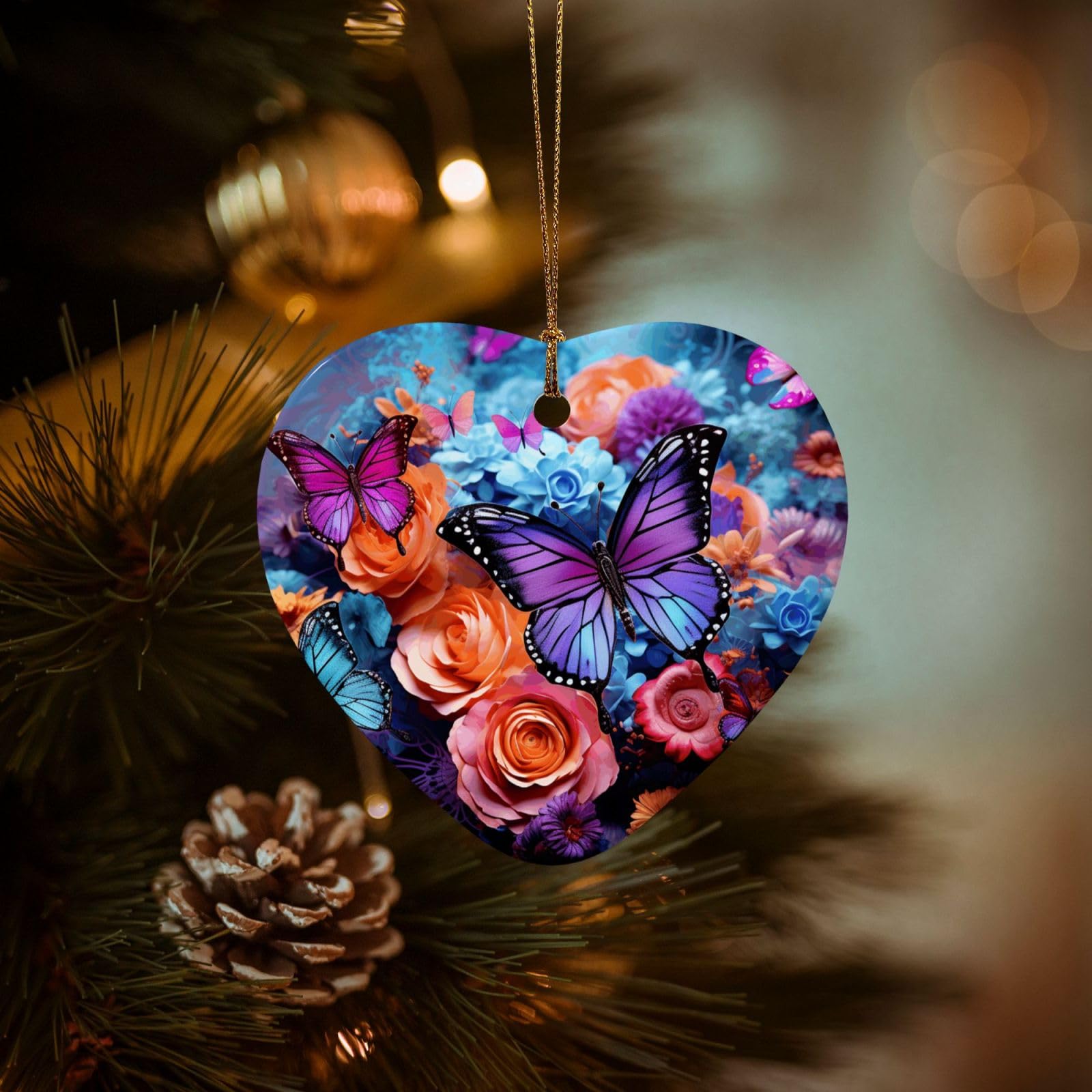 Christmas Tree Ornaments Ceramics Christmas Decorations Colorful Butterflies Ornaments with Gold Ribbon Porcelain Xmas Tree Crafts Heart Shape Hanging Pendant for Christmas Tree Party Decor