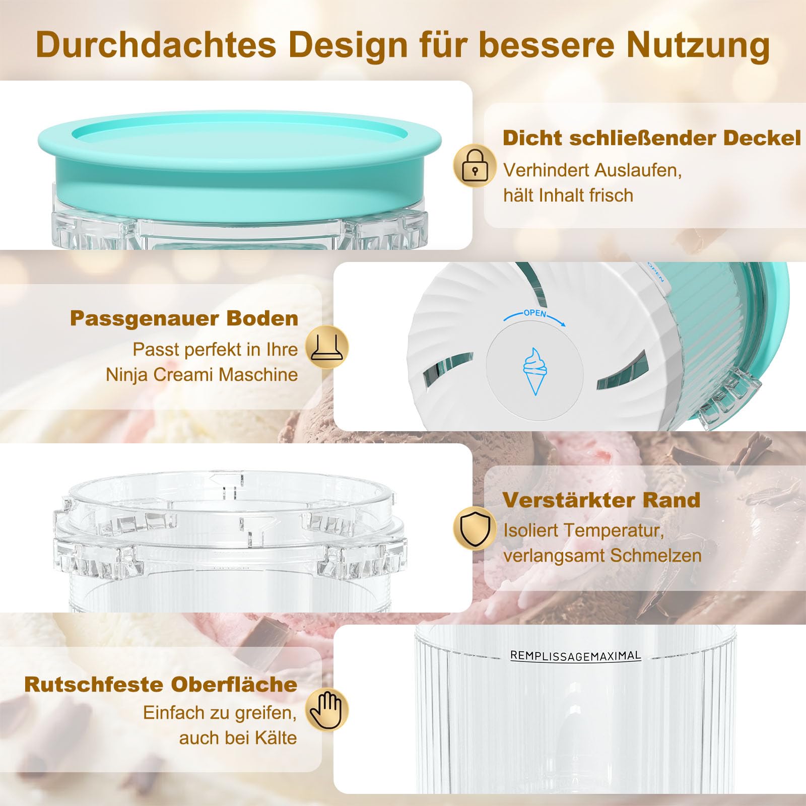 4 Stück Behälter für Ninja CREAMi Swirl, 480ML Eisbehälter für Ninja Eismaschine NC700 & NC701EU Serie, Mit Staubschutzhaube & Rutschfester Griff, BPA-frei & Spülmaschinenfest