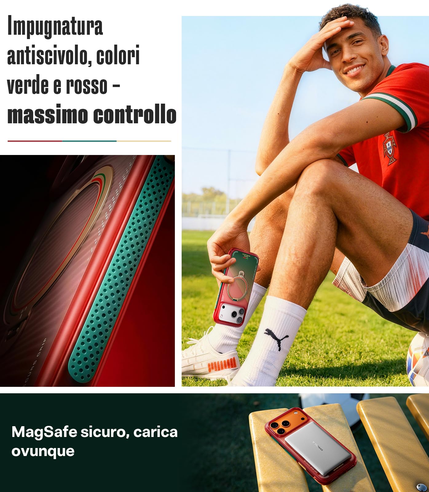TORRAS Ostand Q3 Air per iPhone 17 Pro, custodia con supporto MagSafe, edizione tifosi del Portogallo N.7, custodia con supporto per la visione delle partite, custodia protettiva antiurto per Glory