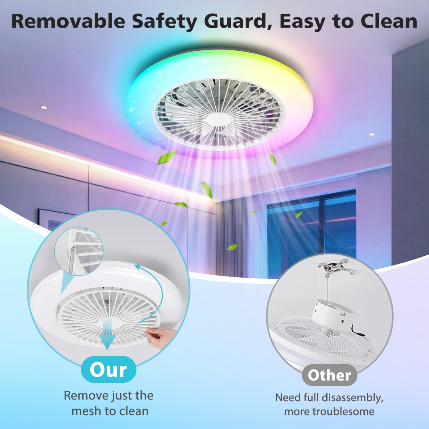 Aigostar Ventilador de Techo con Luz y Mando, Plafón LED 40W RGB+CCT Regulable, Motor Silencioso, 7 Aspas, Temporizador, 19.5" Blanco