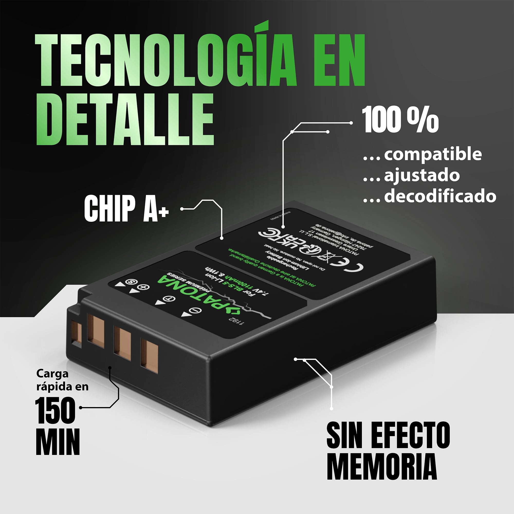 PATONA 2X Premium Batería 1100mAh – Recambio para Olympus BLS-5, BLS-50, PS-BLS5 – para OM-D E-M10 II-IV, E-M5 III, Pen E-P3, E-PL2 a E-PL9, E-PM1, E-PM2, Stylus 1 – una dispara, Otra Carga