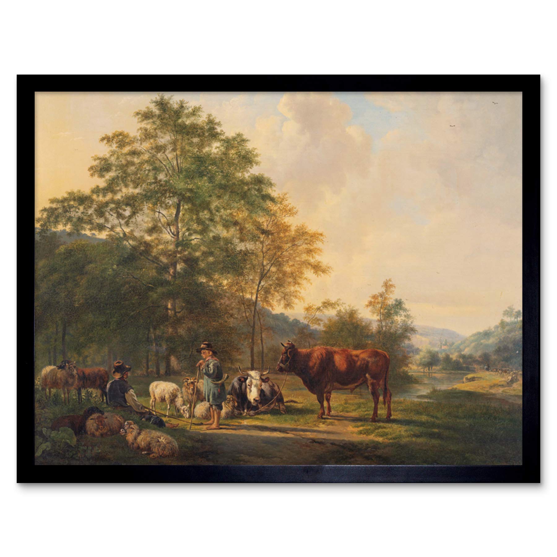 Artery8 Van Os Hilly Landscape Shepherd Cattle Painting Art Print Framed Poster Wall Decor 12x16 inch