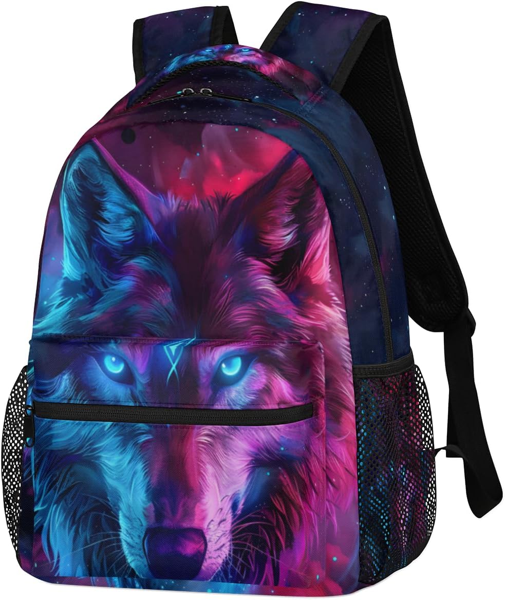 Pardick Galaxy Wolf Backpacks for Boys Girls Kids Rainbow Wolf Lightweight 16 Inch School Backpack Laptop College Bookbag Travel Casual Daypack Hiking Camping Computer Rucksack Medium