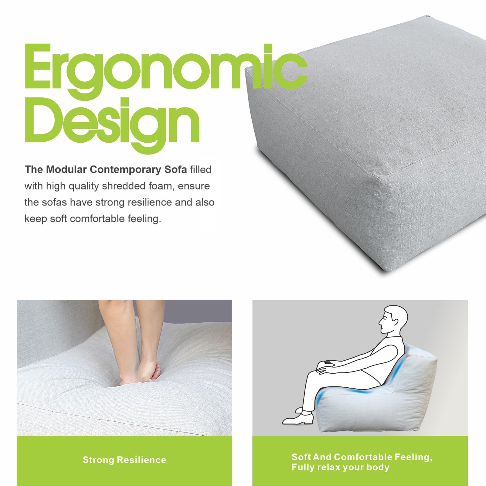 Dineli Modern ANNY-H Coffee Table Chair Outdoor Bean Bag Ottoman Furniture Patio Couch Creating a Unique Patio Garden Modular Contemporary Sofa (Light Gray)