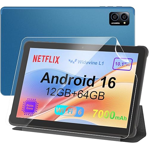 10 inch Android 16 Tablet: 12GB RAM 64GB, Octa-Core T606, 7000mAh with Stand Case, IPS HD Display, Wi-Fi 6, OTG, Metal Body – Fast & Portable Tablet for Work & Entertainment, 2-Year Protection