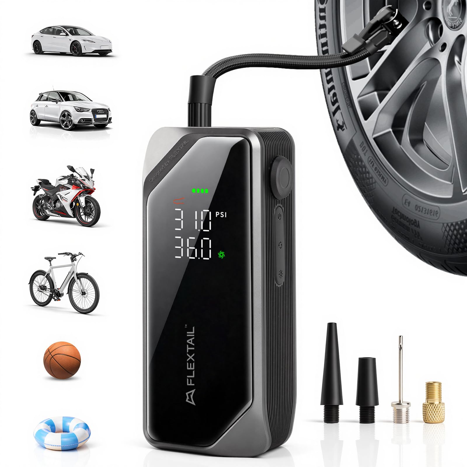FLEXTAILGEAR Elektrische Luftpumpe, Akku Fahrradpumpe, 150PSI Tragbare Fahrrad Pumpe, 12V DC & USB‑C Mini Kompressor für Auto, Motorrad, Fahrrad, Bälle, mit LED-Licht, 6000mAh Powerbank