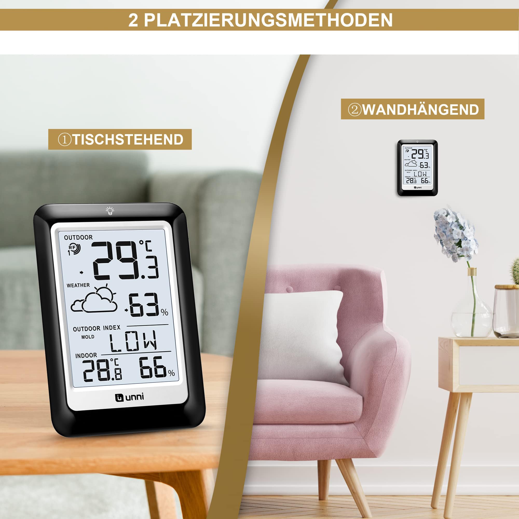Radiowa stacja pogodowa z czujnikiem zewnętrznym zasilana bateryjnie, prognoza pogody radiowa stacja pogodowa 100M/330FT, °C/°F, 2 poziomy jasności ustawienie (punkt rosy wskaźnik pleśni-wskaźnik
