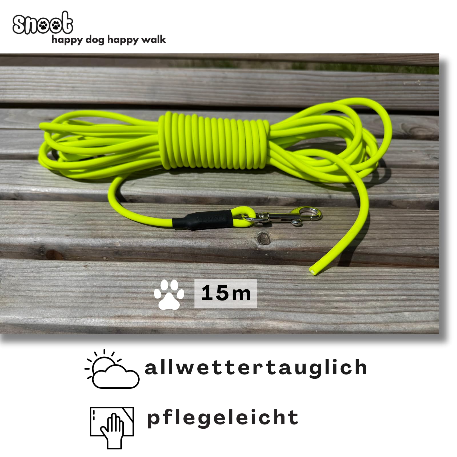 Laisse pour chien de 15 m - Étanche - Ronde - Sans boucle - Laisse d'entraînement sûre - Jaune fluo - Jusqu'à 35 kg