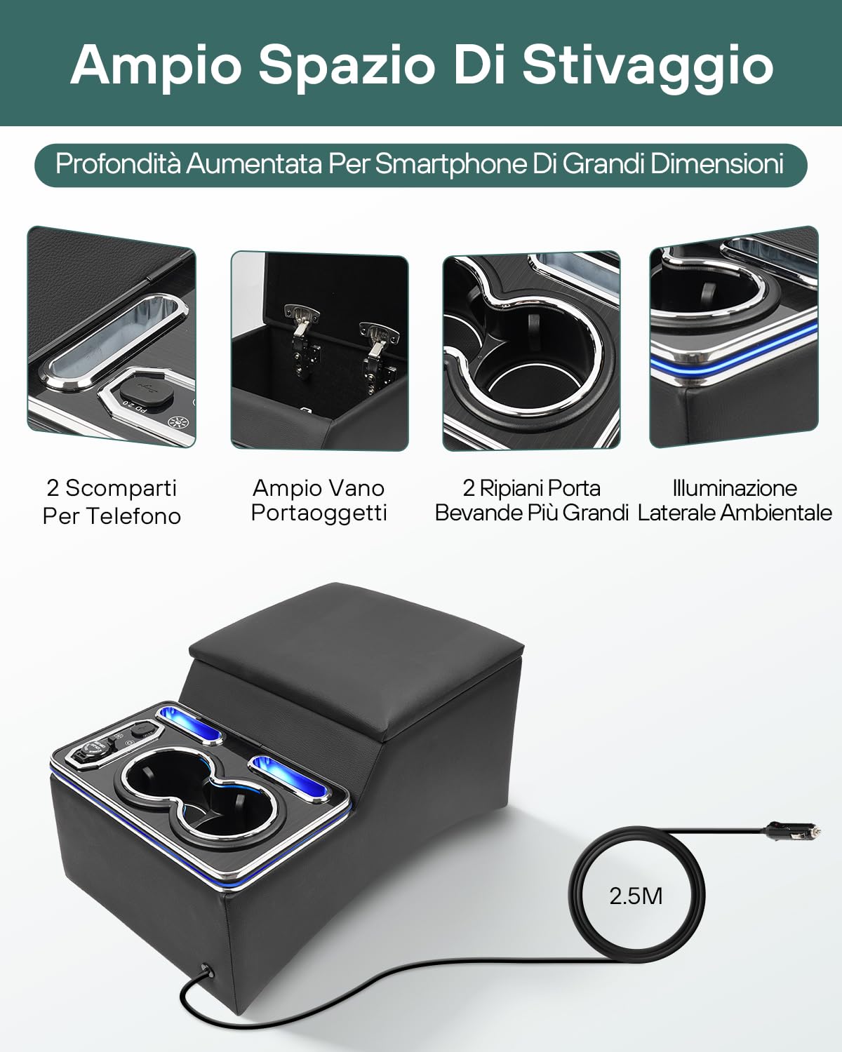 Console Centrale Auto Universale, Console Centrale con Vano Portaoggetti Aggiornato con Luci LED a 7 Colori e 4 Livelli di Luminosità Regolabili per Van, SUV, lkw, Bus, Auto