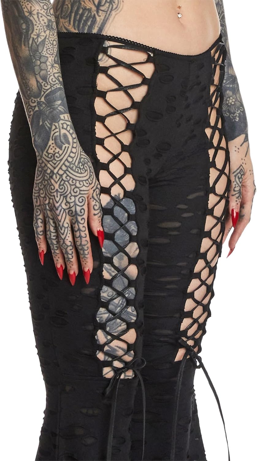 Dolls Kill Beyond The Woods Flare Pants by Widow – Gothic Lace-Up Flared Pants with Shredded Hole Design - Image 5