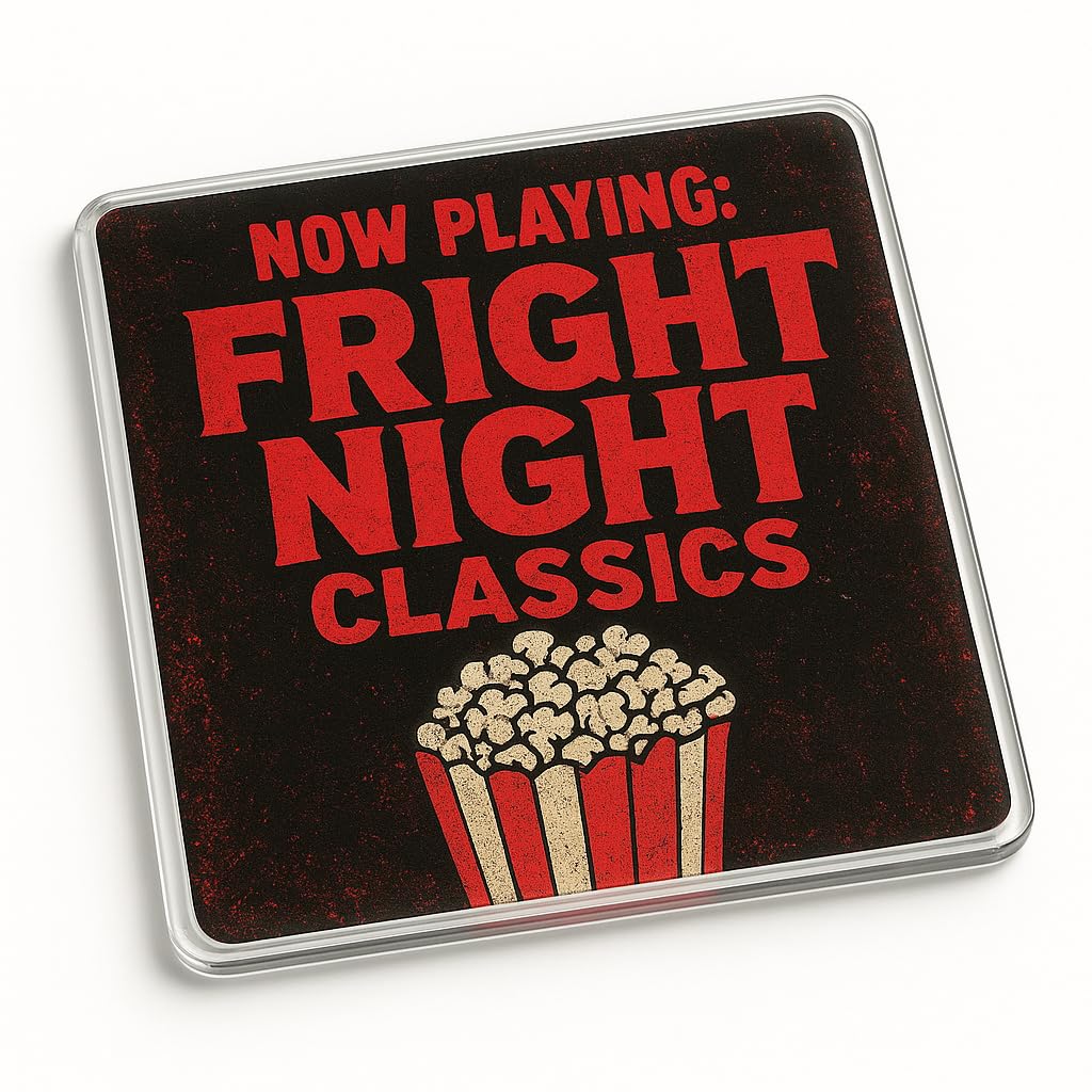 The Plum Penguin Fright Flick Vibes Retro Acrylic Coaster Gift For Halloween - Vintage Horror Movie Style With Neon Fonts And Popcorn Illustration
