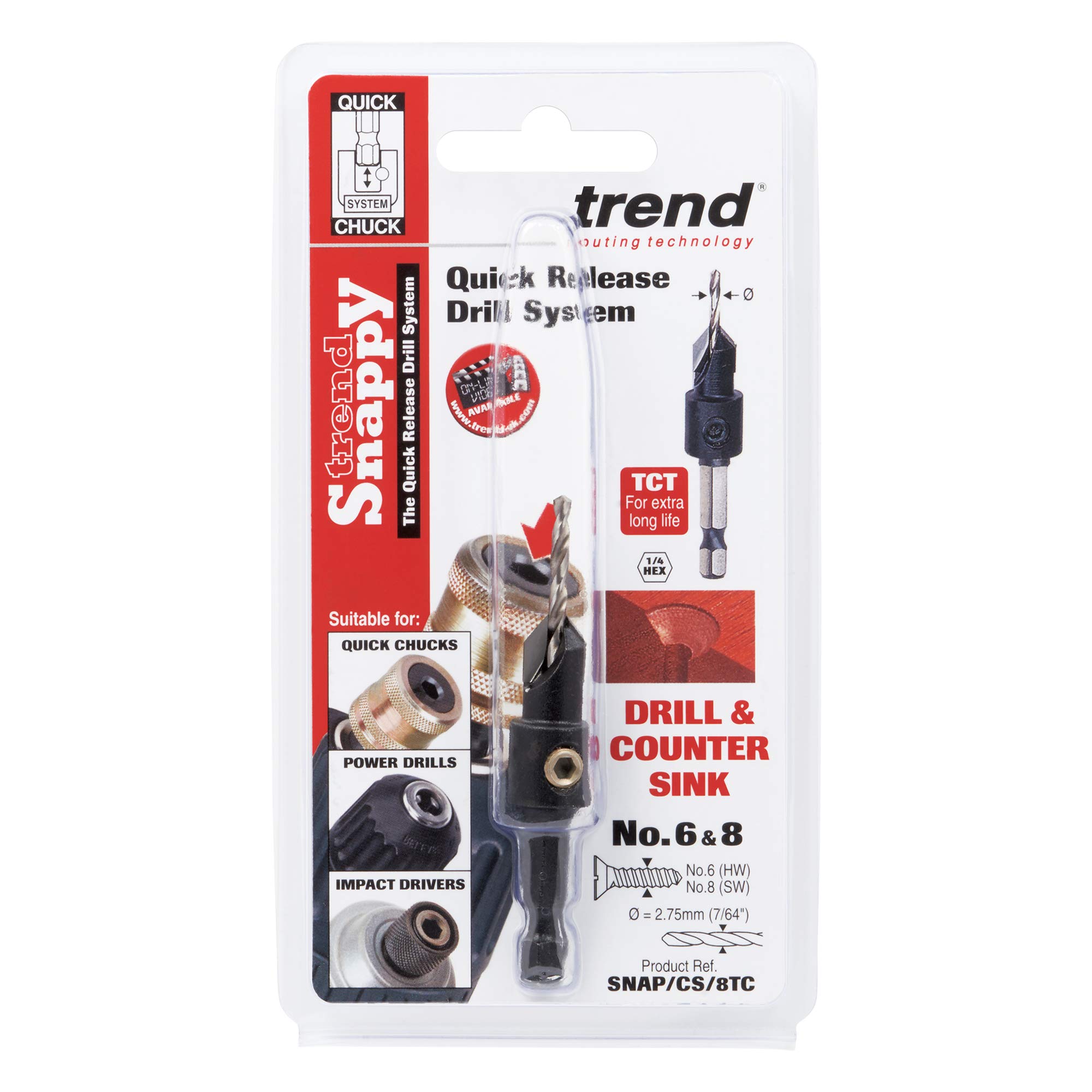Trend Snappy węglik spiekany (TCT) pogłębiacz o średnicy 9,5 mm z wiertłem pilotowym 2,75 mm do wkrętów No8, szybkozłączka, węglik spiekany (TCT), SNAP/CS/8TC TCT