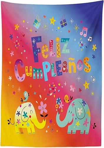 Miniatura 2 de Ambesonne Mantel español para exteriores, feliz cumpleaños, fiesta de feliz cumpleaños con flores de elefantes, mantel decorativo lavable de picnic,