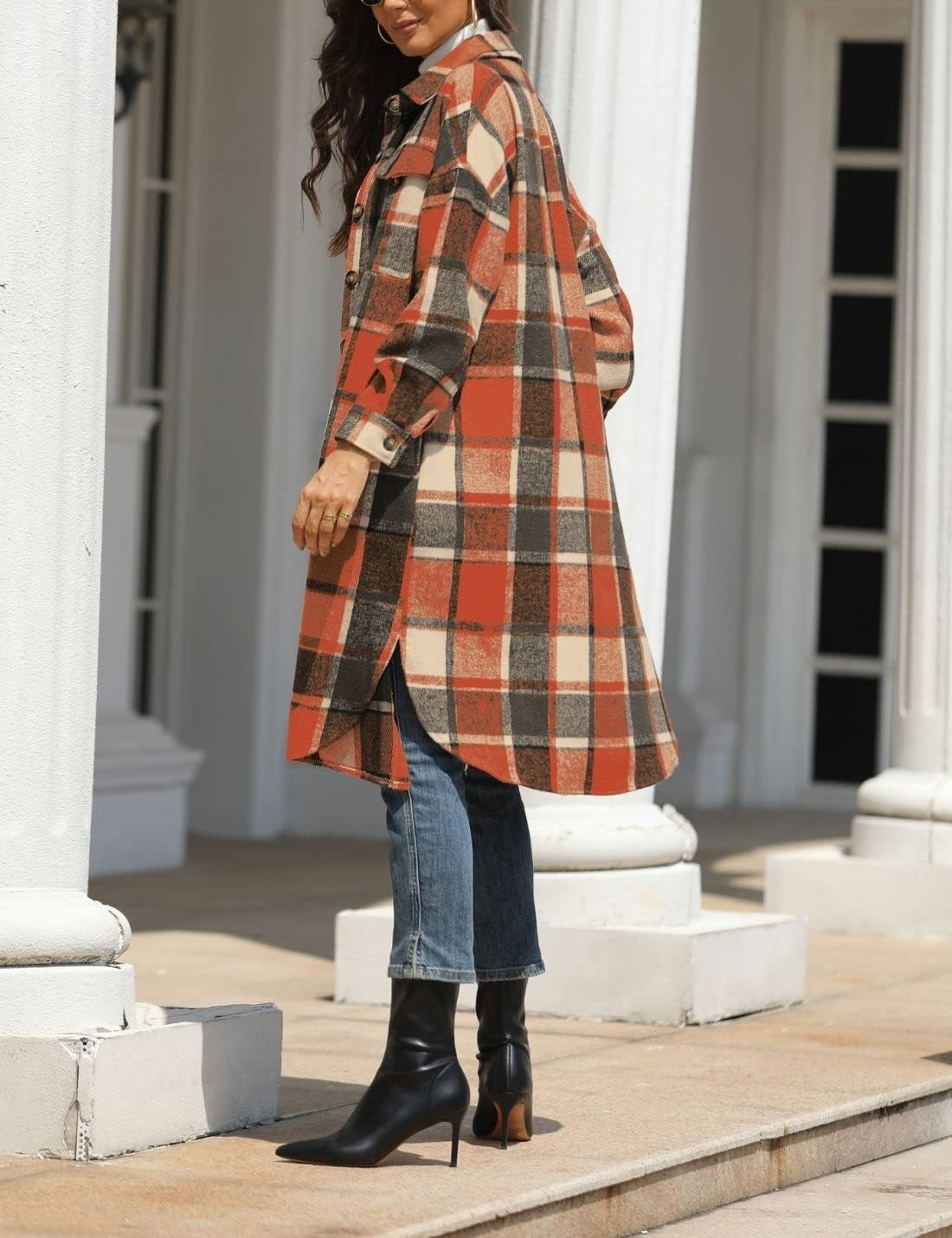 FindThy Women’s Long Plaid Shacket Wool Blend Button Down Shirt Jacket Coat with Pockets - Image 3