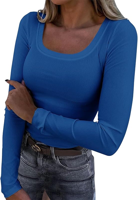 Nantdog Going Out Tops for Women Spring Tops Trendy 2024 Crewneck Long Sleeve Vacation Sexy Elastic Wea