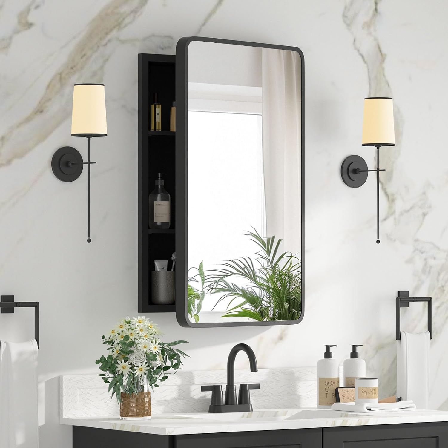Bathroom Medicine Cabinet with Mirror 16 x 24 Inch, Black Medicine Cabinet Recessed or Surface Wall-Mounted, Mirrored Cabinets with 2 Adjustable Shelves for Bathroom Vanity Black 16*24inch