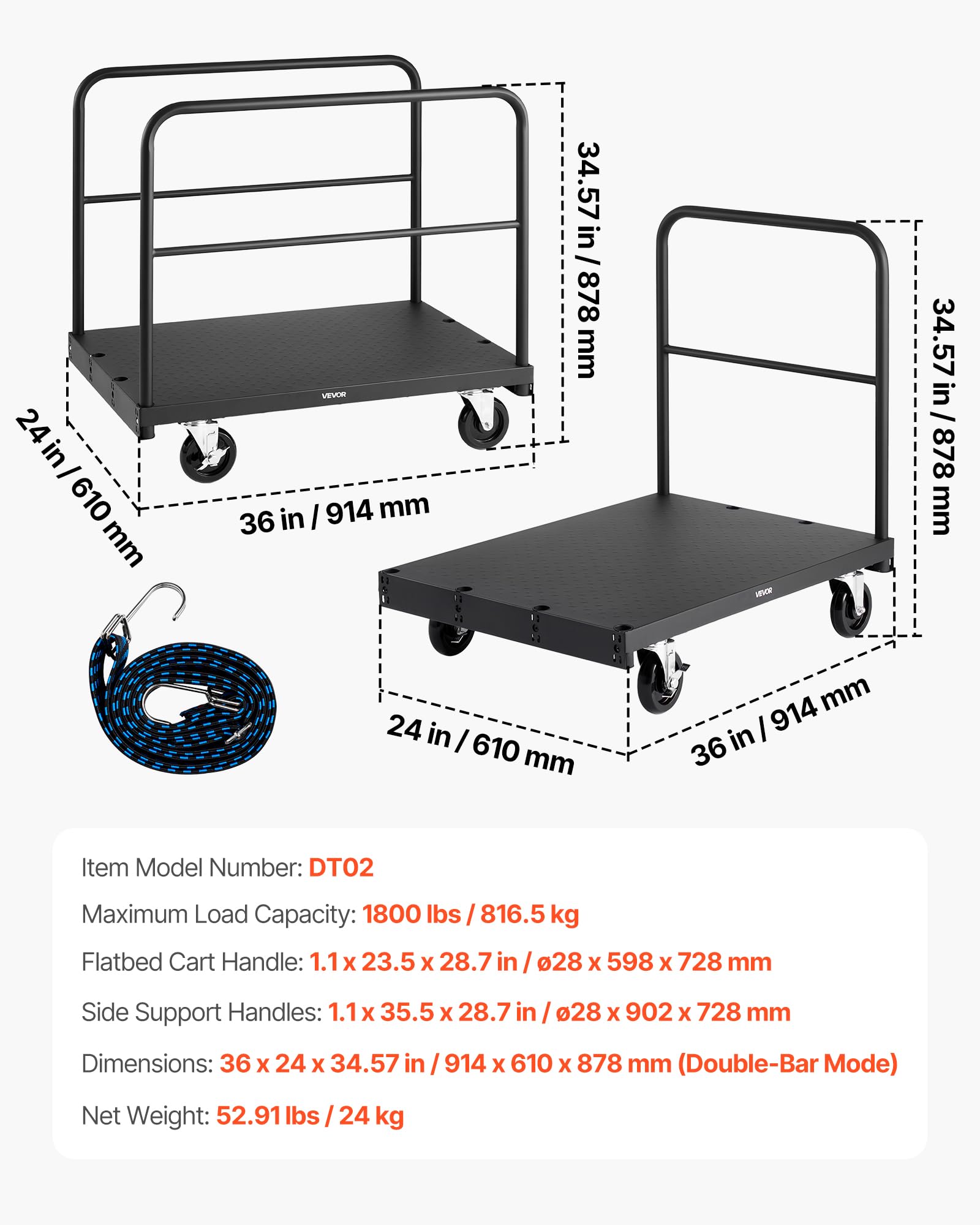 VEVOR Plattenwagen, 816 kg Tragkraft, 2-in-1 Rollenwagen mit 360° Lenkrollen, 914x610 mm Plattformwagen mit 3 seitlichen Handläufen, Transporthilfe für Fabrik, Lager, Garage, Schwarz