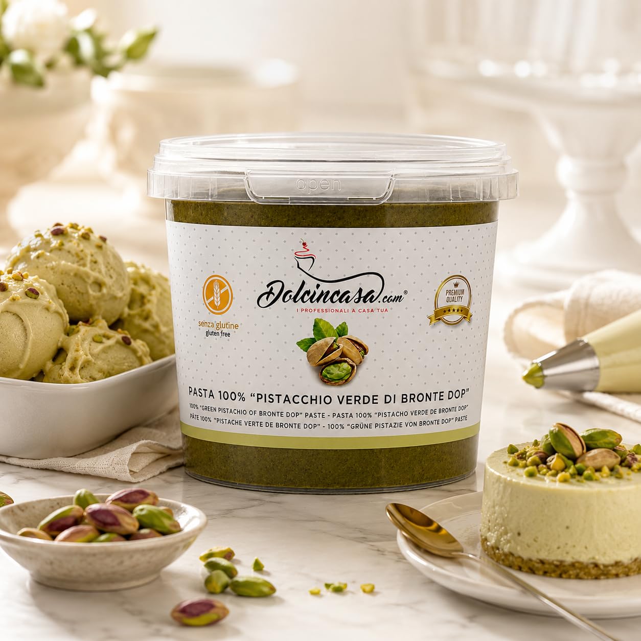 Dolcincasa Pasta Pura di Pistacchio Verde di Bronte DOP 100% - Senza Coloranti e Aromi Aggiunti - Per Gelato Artigianale, Creme, Dessert e Pasticceria Professionale - 500 g