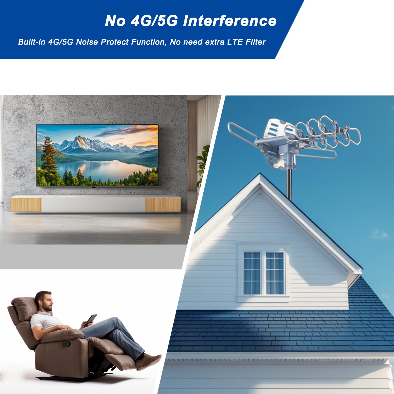 Antena HDTV para exteriores con amplificador para canales locales sobre el aire, antena de TV inteligente de largo alcance compatible con 2 televisores, antena ATSC 3.0 giratoria 360° con control