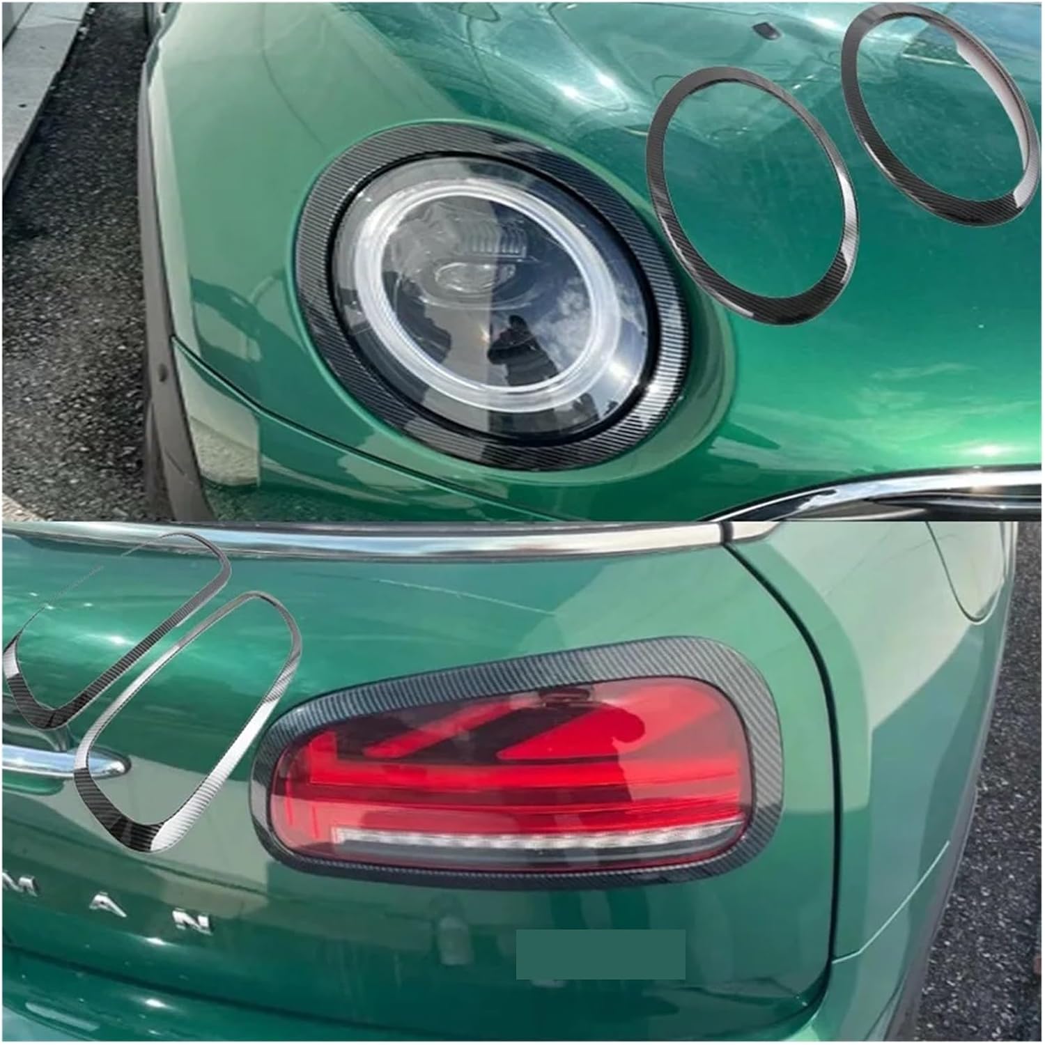 Compatible with Mini Cooper Clubman F54 2022 Car Accessories ABS Headlight Taillight Frame Front Rear Lamp Ring Decorative Cover Stickers(Carbon Fiber Front)