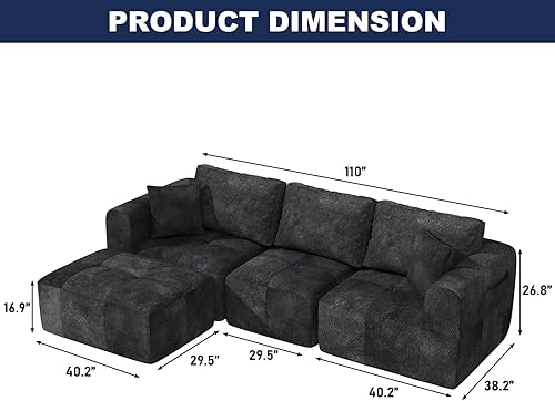 Miniatura 2 de Sofá modular de 110 pulgadas con asiento profundo, sofá nube tapizado sin hueso en forma de L con otomana convertible y brazos anchos para sala de