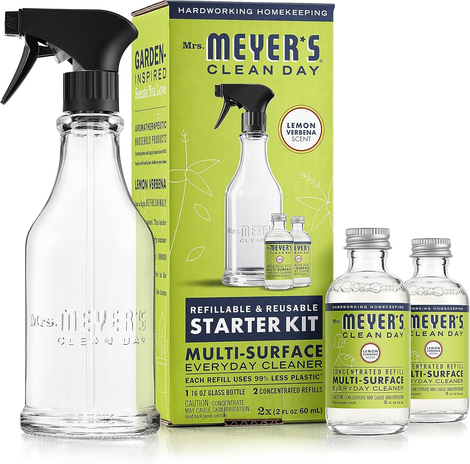 CLEAN DAY Multi-Surface Cleaner Dispenser and Concentrate Starter Kit, 1 Glass Dispenser (16 Fl. Oz.) and 2 Concentrated Refills (2 Fl. Oz. each), Lemon Verbena, Makes 32 Fl. Oz. Total