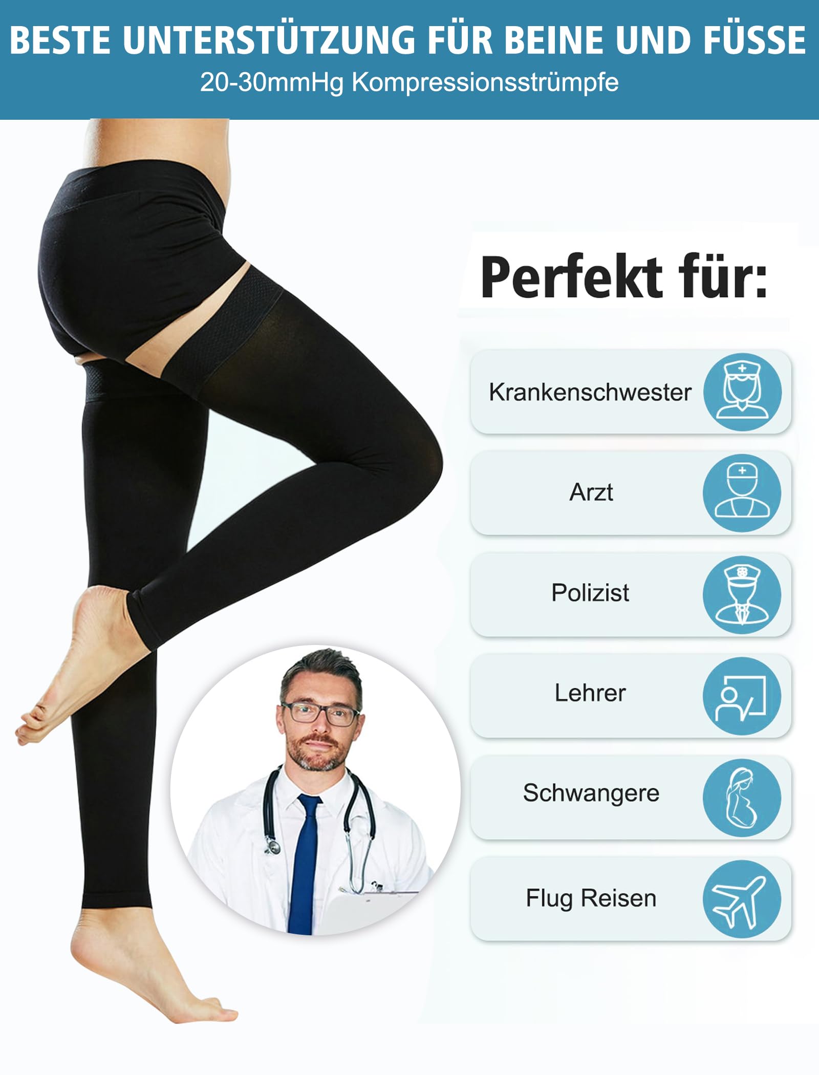 20-30 mmHg Bas de compression médicaux pour homme et femme Classe II Cuisse Chaussettes de compression longues sans pieds avec bande en silicone pour un soutien gradué des varices
