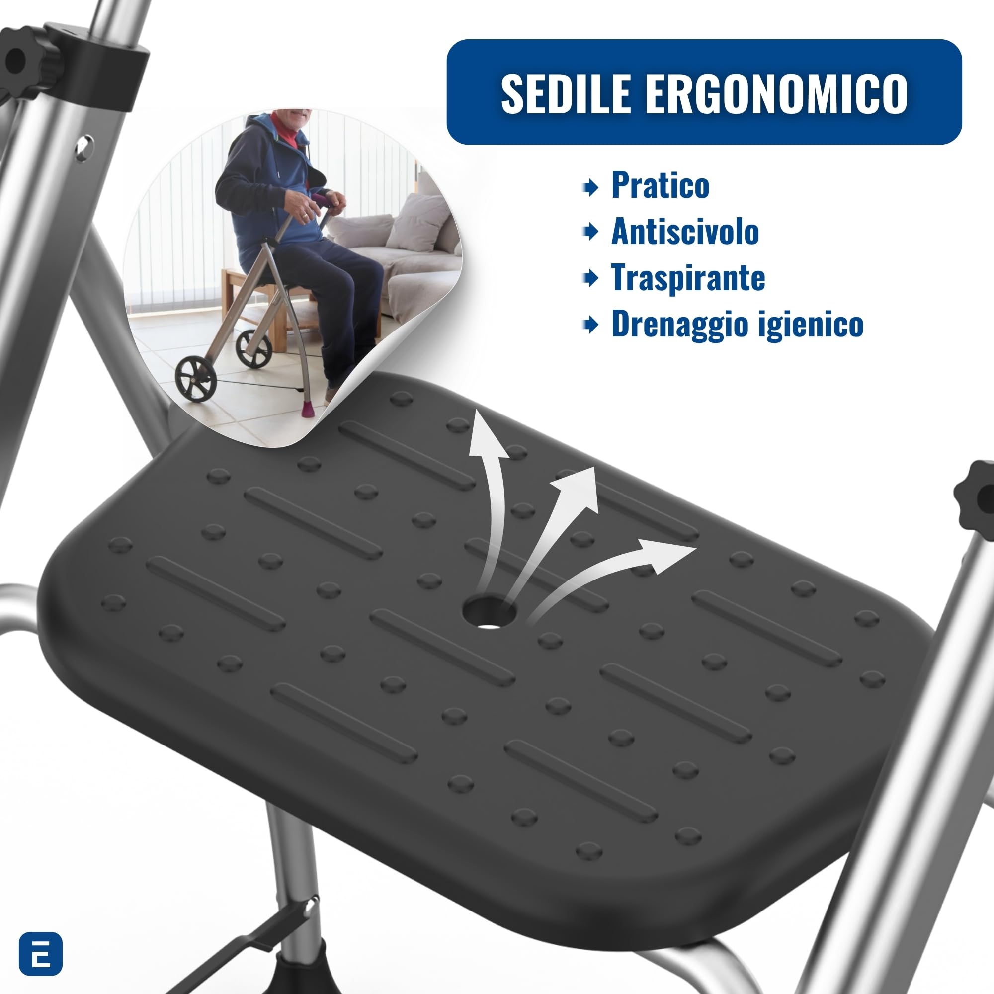 INDESmed | Deambulatore pieghevole con seduta in alluminio per anziani, persone con mobilità ridotta o riabilitazione. Vestibilità precisa, impugnatura antiscivolo e anti-tendinite, 2 ruote (Arancia)