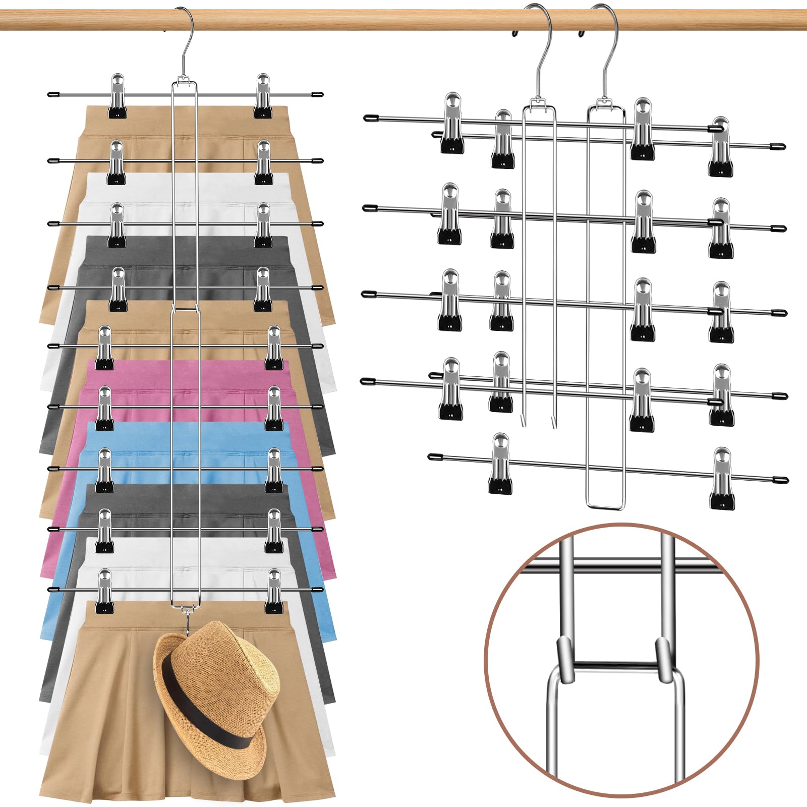 Skirt Hangers Space Saving - 4 Tier & 5 Tier Skirt Hangers with Clips (4PCS in Total), Space Saving Pants Hangers with Adjustable Clips & Swivel Hooks - College Dorm Room Essential
