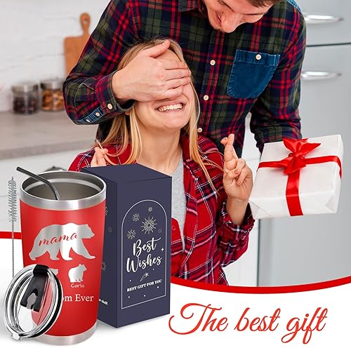 Miniatura 3 de Vaso personalizado con Mama Bear  Taza de café de viaje personalizada de 20 onzas con tapa, regalos de cumpleaños personalizados para mamá, el mejor