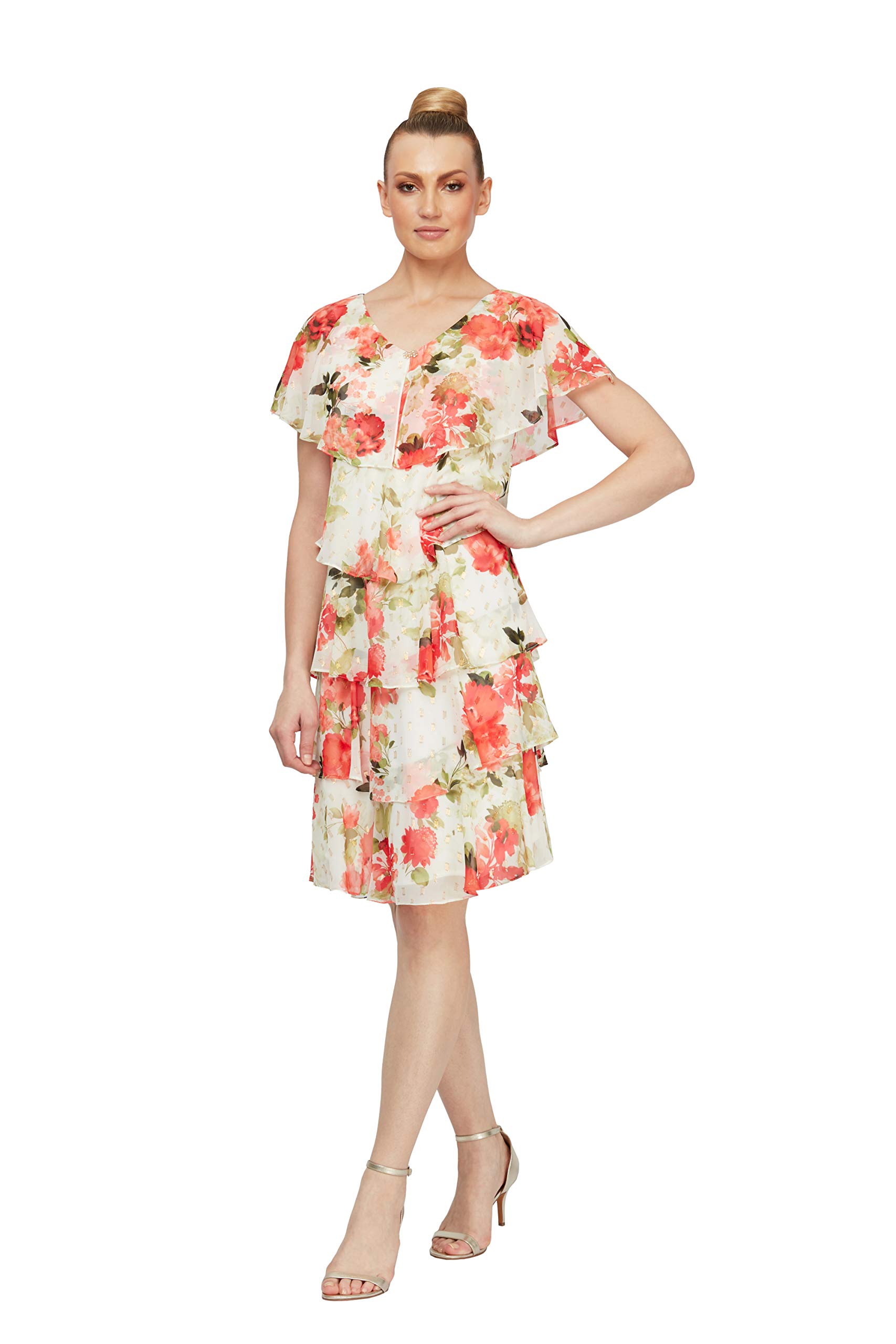 S.L. Fashions womens Short Sleeve Metallic Accent Tiered Dress (Missy Petite) Special Occasion Dress