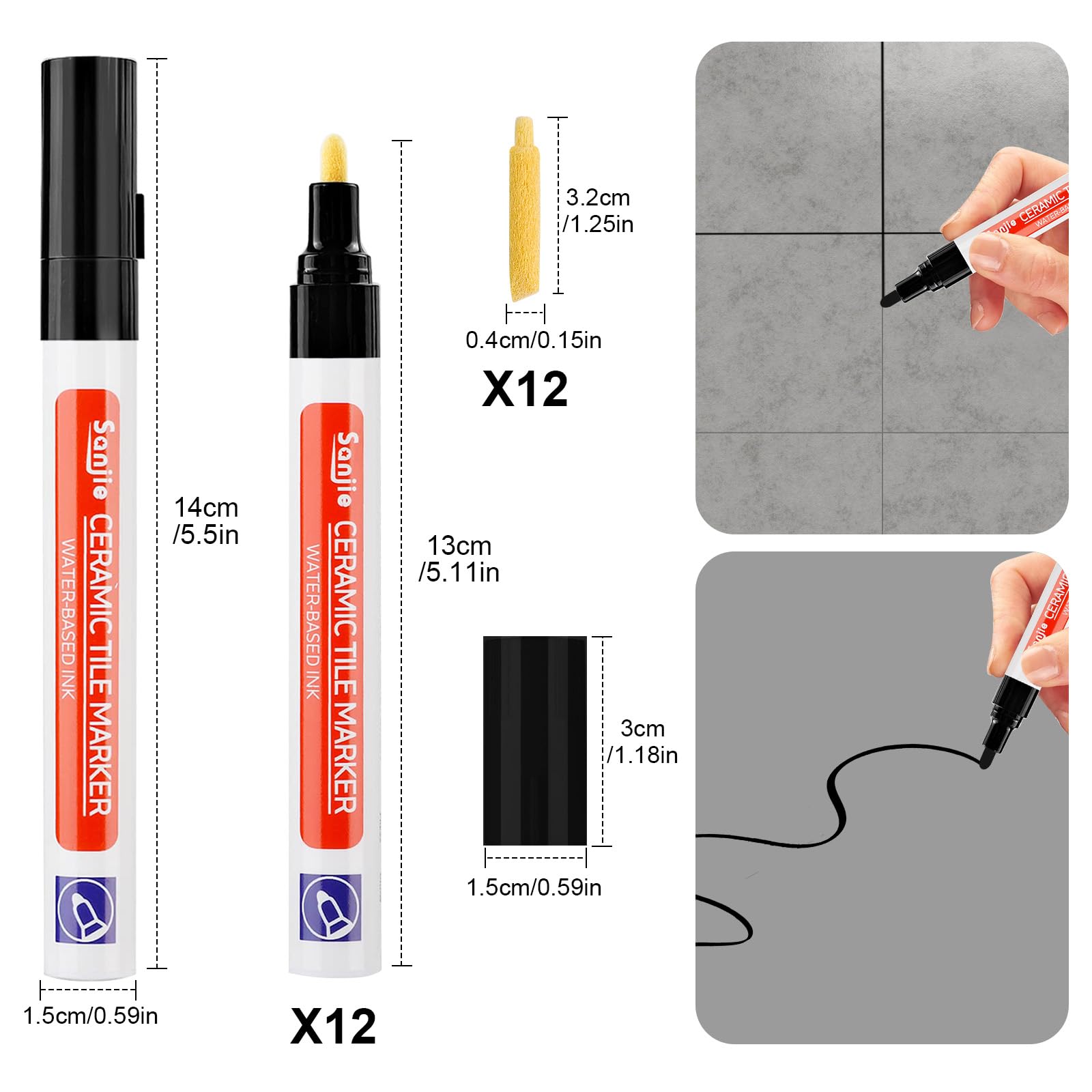 Sinofort Grout Pen Black,12PCS Tile Pen for Tiles Bathroom,Marker with Replacement Nib - Image 2