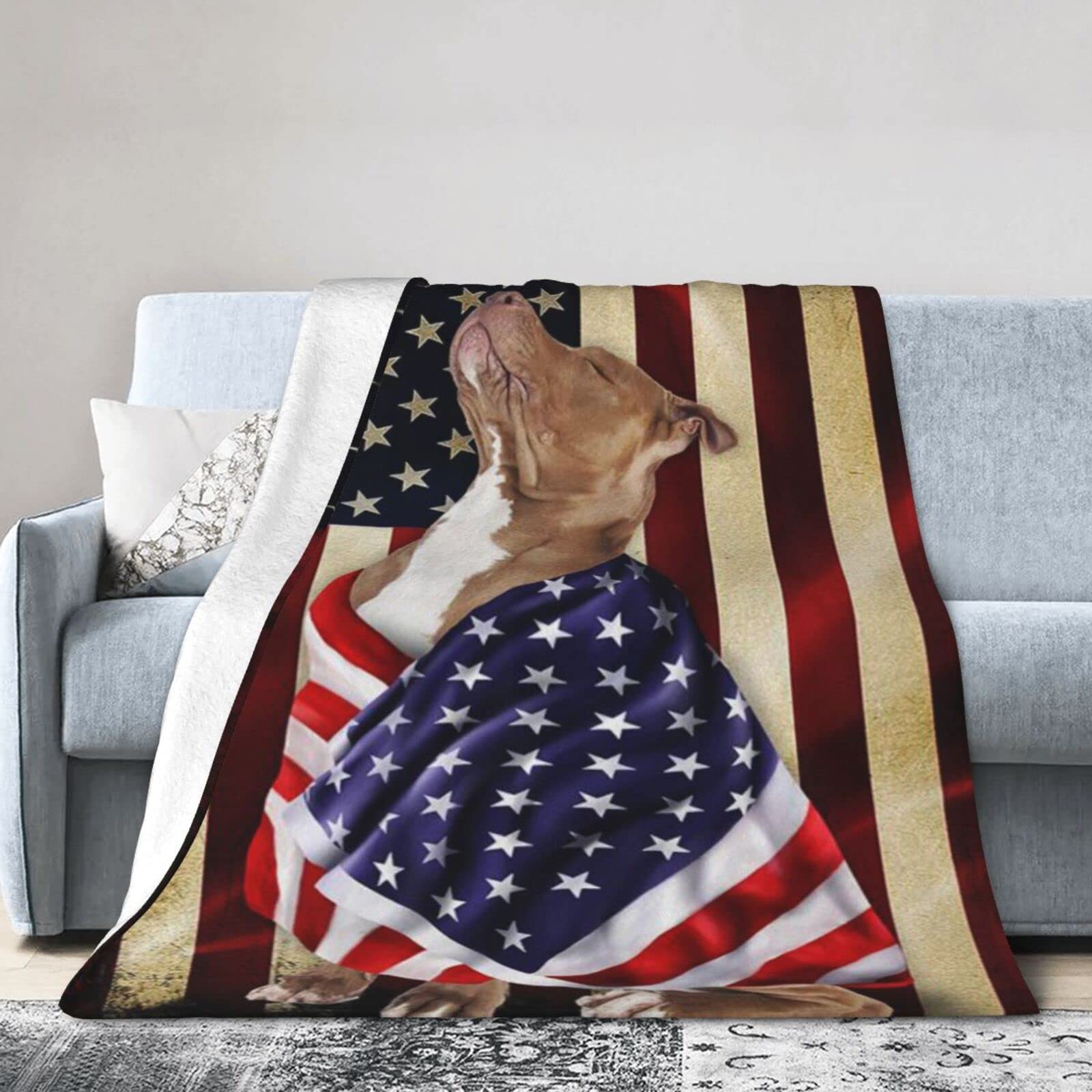 Lsjuee Flannel Fleece Blanket 50"X40" Pitbull American Patriot Bed Throw Blanket Funny Ultra-Soft Travel Winter Blankets for Mens Keep Warm
