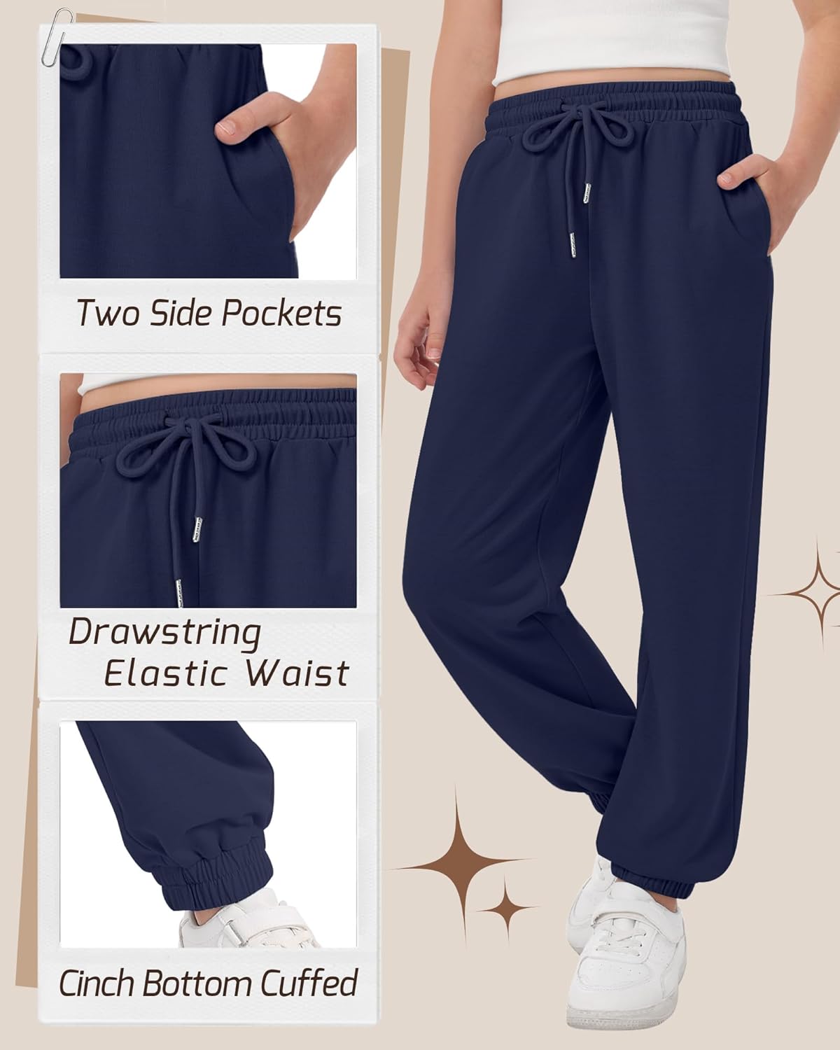 3 Pack Girls Sweatpants Drawstring Wide Leg Baggy Sweat Pants High Waist Active Joggers for Kids with Pockets 5-14Y