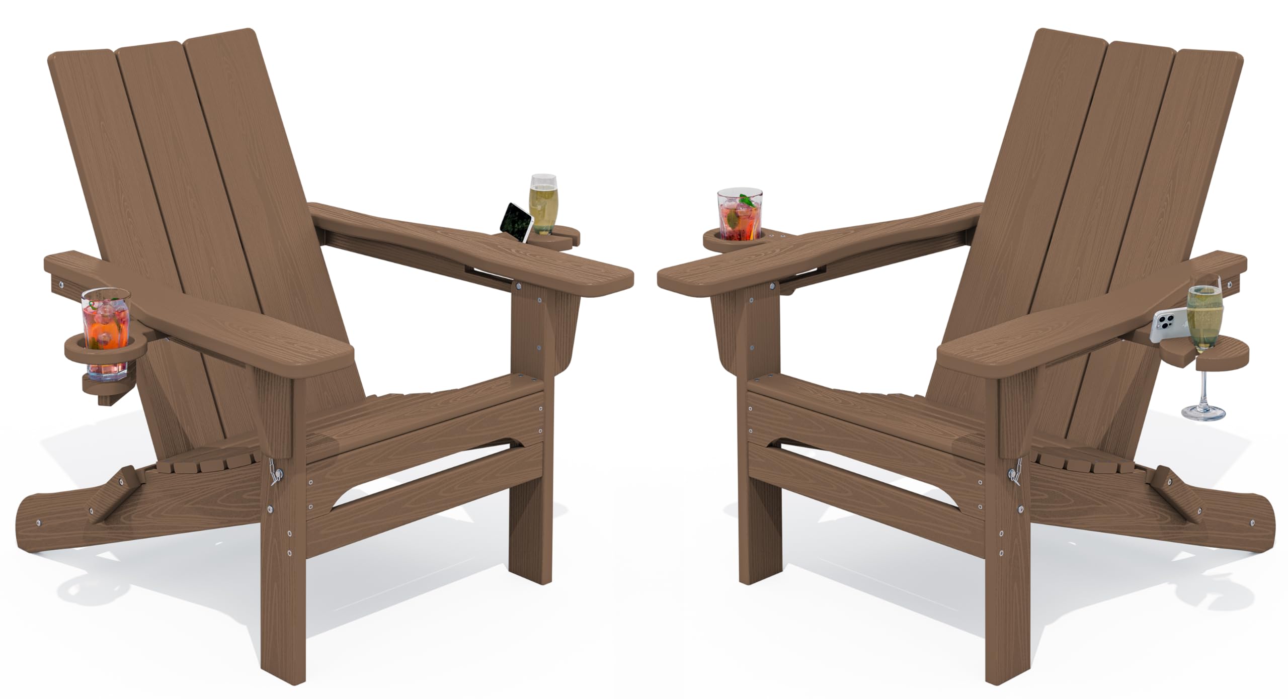 SERWALL Modern Adirondack Chair Set of 2, Folding Adirondack Chair with Cup Holders, Outdoor HDPE Fire Pit Chairs for All Weather Use, Brown