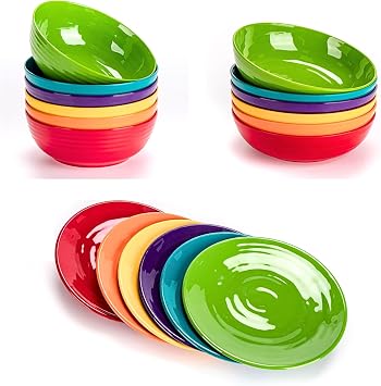 Multicolor Melamine Dinnerware Bundle - Divided Sets 6 x 11-inch Plates, 6 x 7-inch Bowls, 6 x 8-inch Bowls