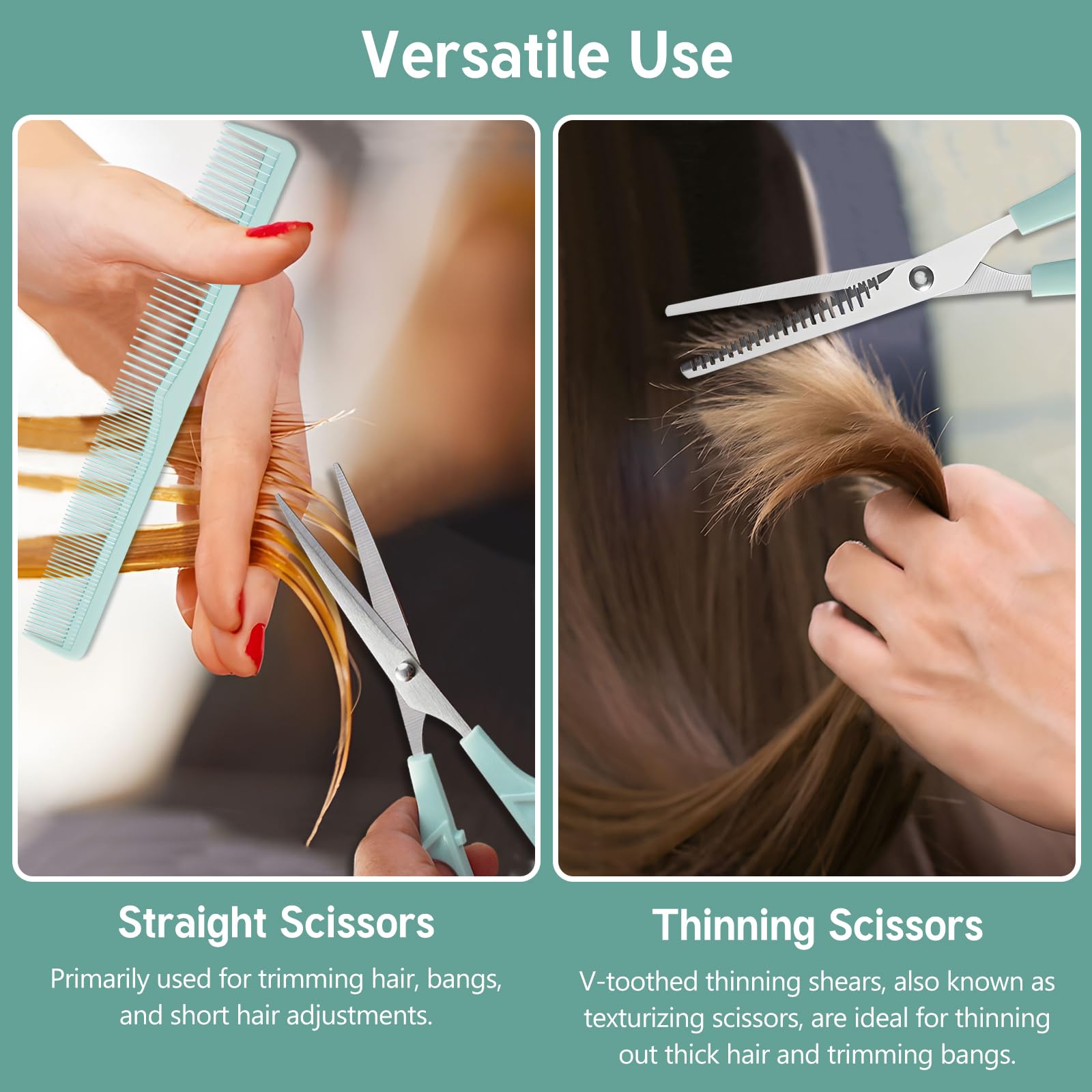 Tijeras de corte de cabello, juego de 2 tijeras profesionales de acero inoxidable de 6 pulgadas con cuchillas afiladas y 1 peine para hombres, mujeres, niños y mascotas, color azul 4