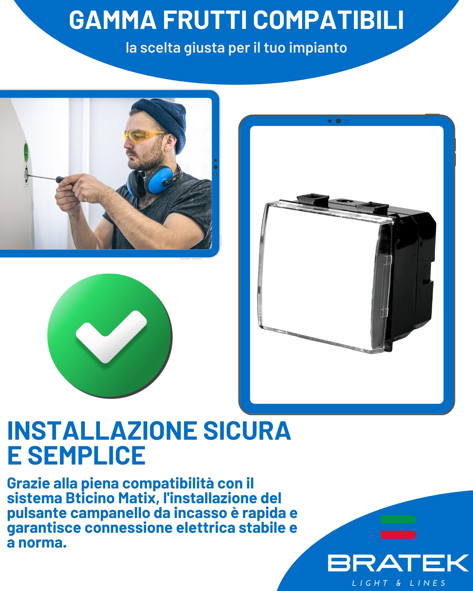 Bratek Pulsante Portanome per Campanello Porta Ingresso Casa Compatibile Bticino Matix - Pulsante Campanello Esterno Casa da Incasso con Targa Porta Nome x Supporti Matix - Sostituisce AM5008, Bianco