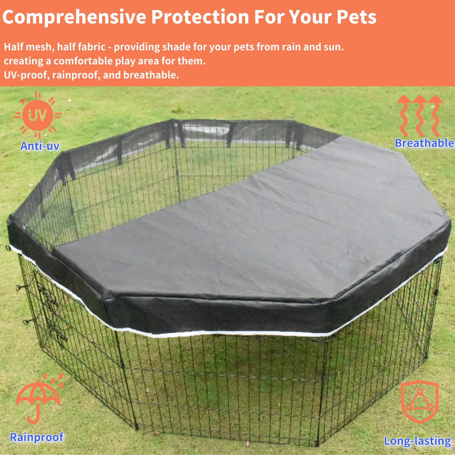 Zuisfau Dog Playpen Mesh Top Cover, Fits 24 Inch 8 Panels Regular Octagon Metal Exercise Pet Playpen, Black - Image 3