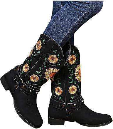 Amazon.com: AODONG Botas vaqueras para mujer, con bordado de girasoles a  media pantorrilla, tacón grueso, estilo retro, con puntera cuadrada,  zapatos occidentales : Ropa, Zapatos y Joyería