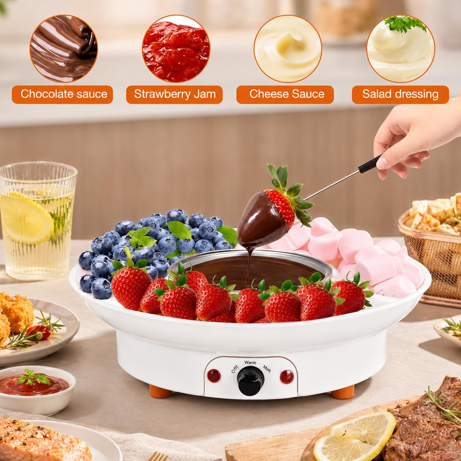 Set Fonduta Elettrica al Cioccolato, Pentola 260ml, 2 Livelli, 4 Forchette | Macchina per S'mores 2-in-1 con Vassoio da Portata Rimovibile per Cioccolato, Formaggio, Caramello e Feste(white)