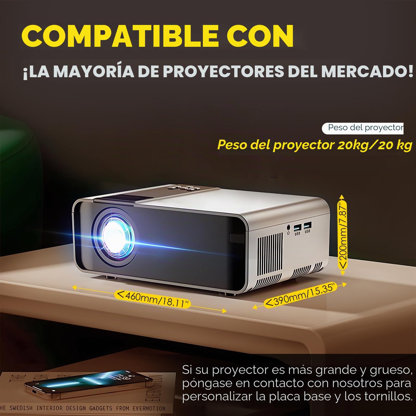 CGOLDENWALL 70CM Soporte para Proyector de Aluminio de Techo con Control Remoto, Motores Dobles Carga Máx 7kg, 48cm * 48cm Tablero Personalizable para Centro de Conferencias, Sala Multifuncional
