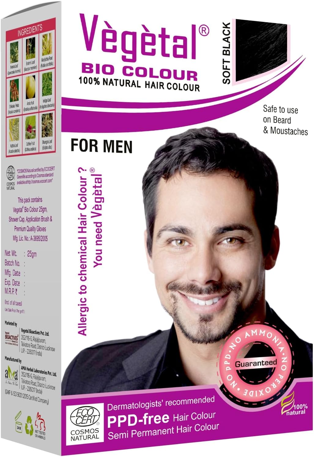 Vegetal Bio Colour - Experience Natural Black Beard Hair Color for Men | Ammonia-Free, PPD-Free, 100% Organic, and Herbal | Safe and Effective Beard Dye | Complete Kit Included | 25g
