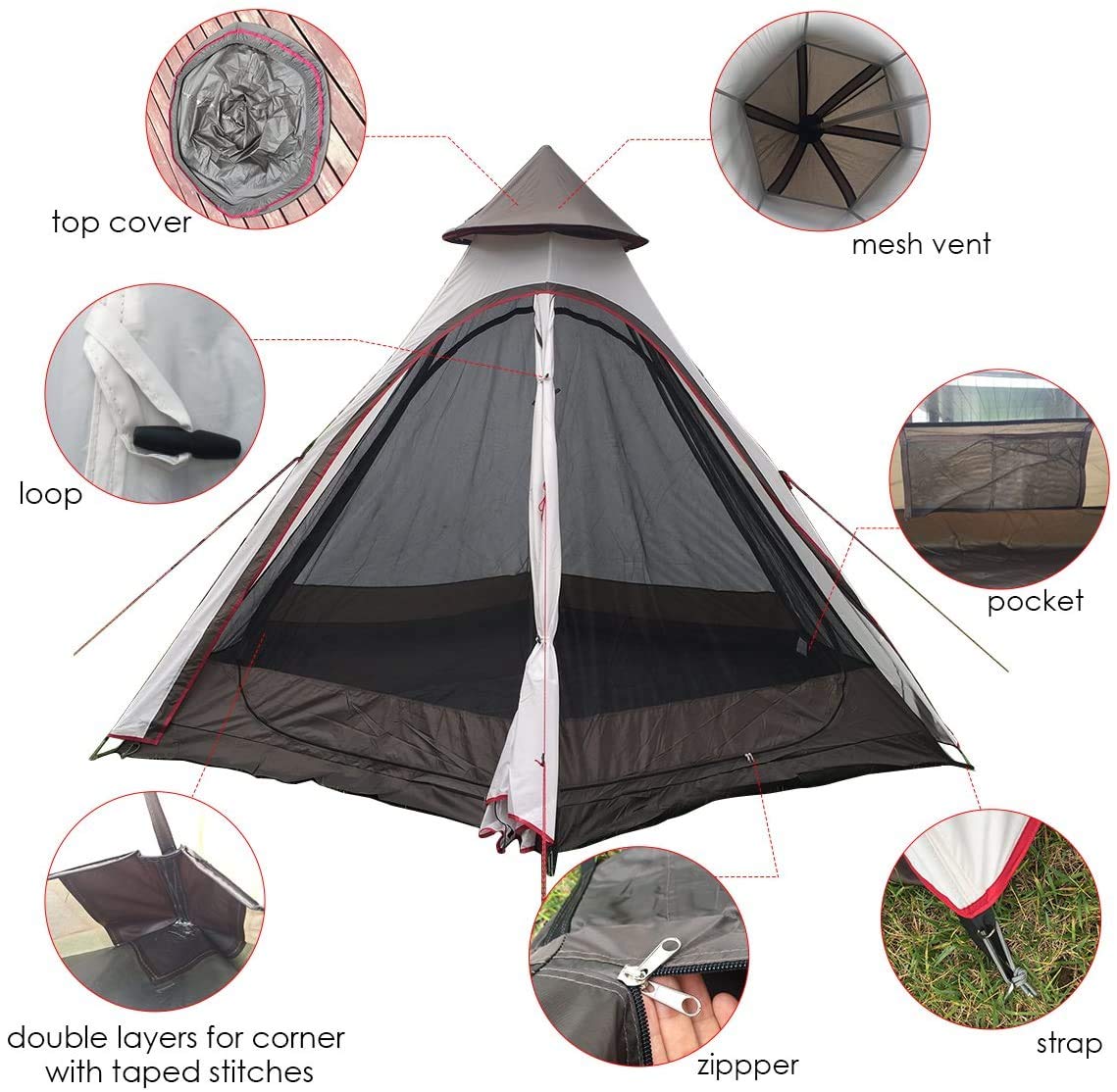 TentHome Tipi - Tienda de campaña para camping al aire libre, senderismo, caza, 380 cm, 380 cm, 12,5 pies, doble capa, para camping, al aire libre