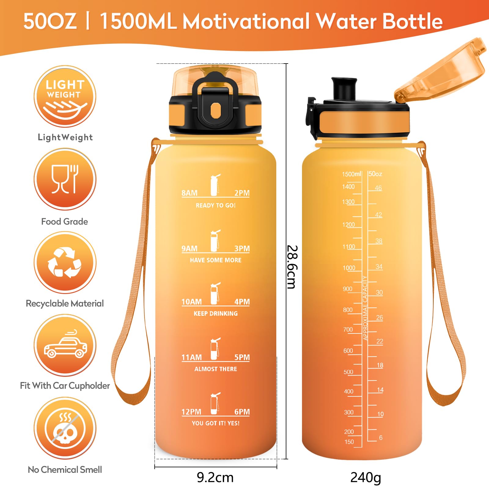 Borraccia Motivazionale 1.5 litri, Borraccia Sportiva, Senza Perdite, Bottiglia Acqua Palestra con Indicazione del Tempo, 1 Clic Aperto, Borracce senza BPA, per Adulto, Corsa, Yoga, Ufficio, Gym