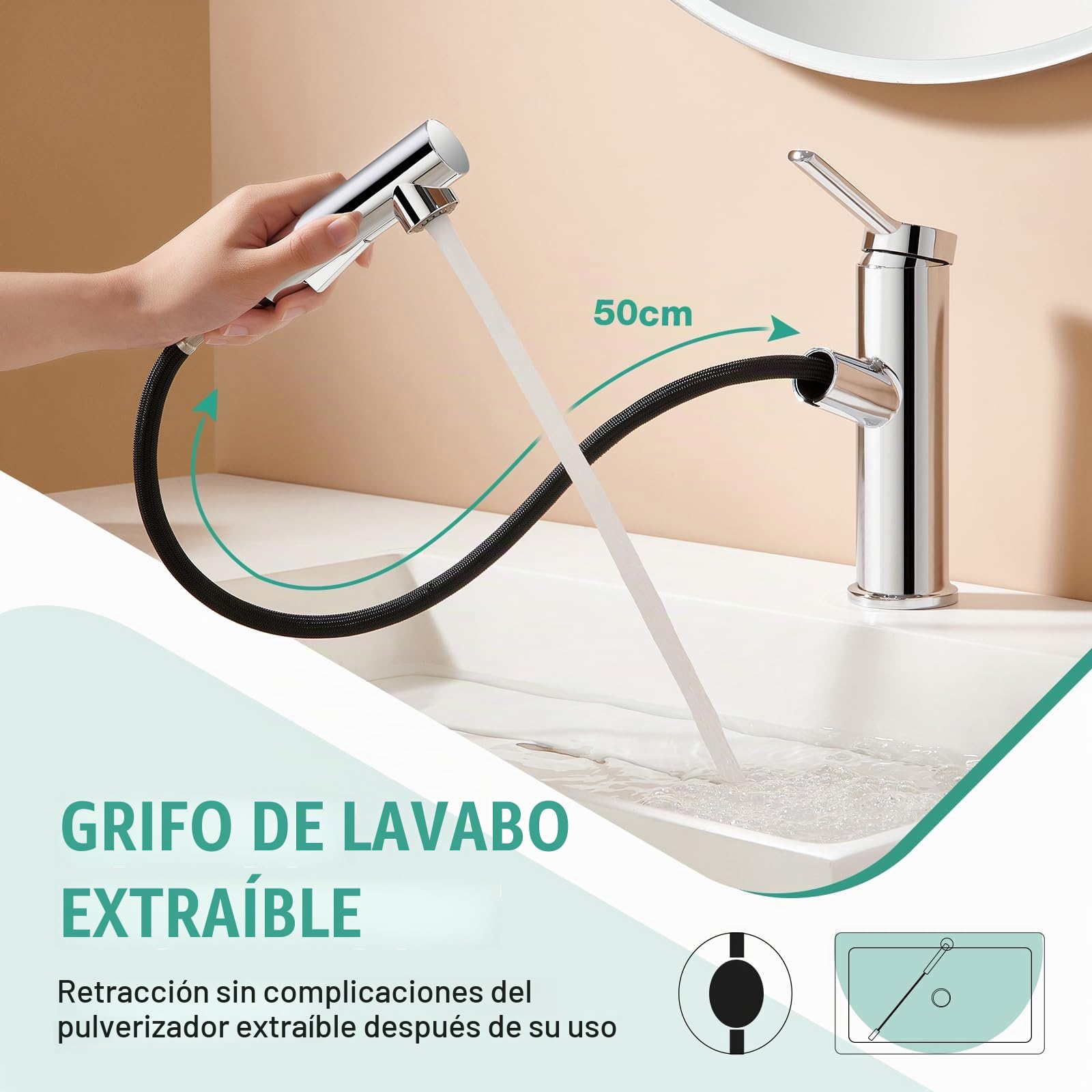 Faustina Grifo Lavabo de Baño Extraible, Mezclador Monomando, pulido cromado