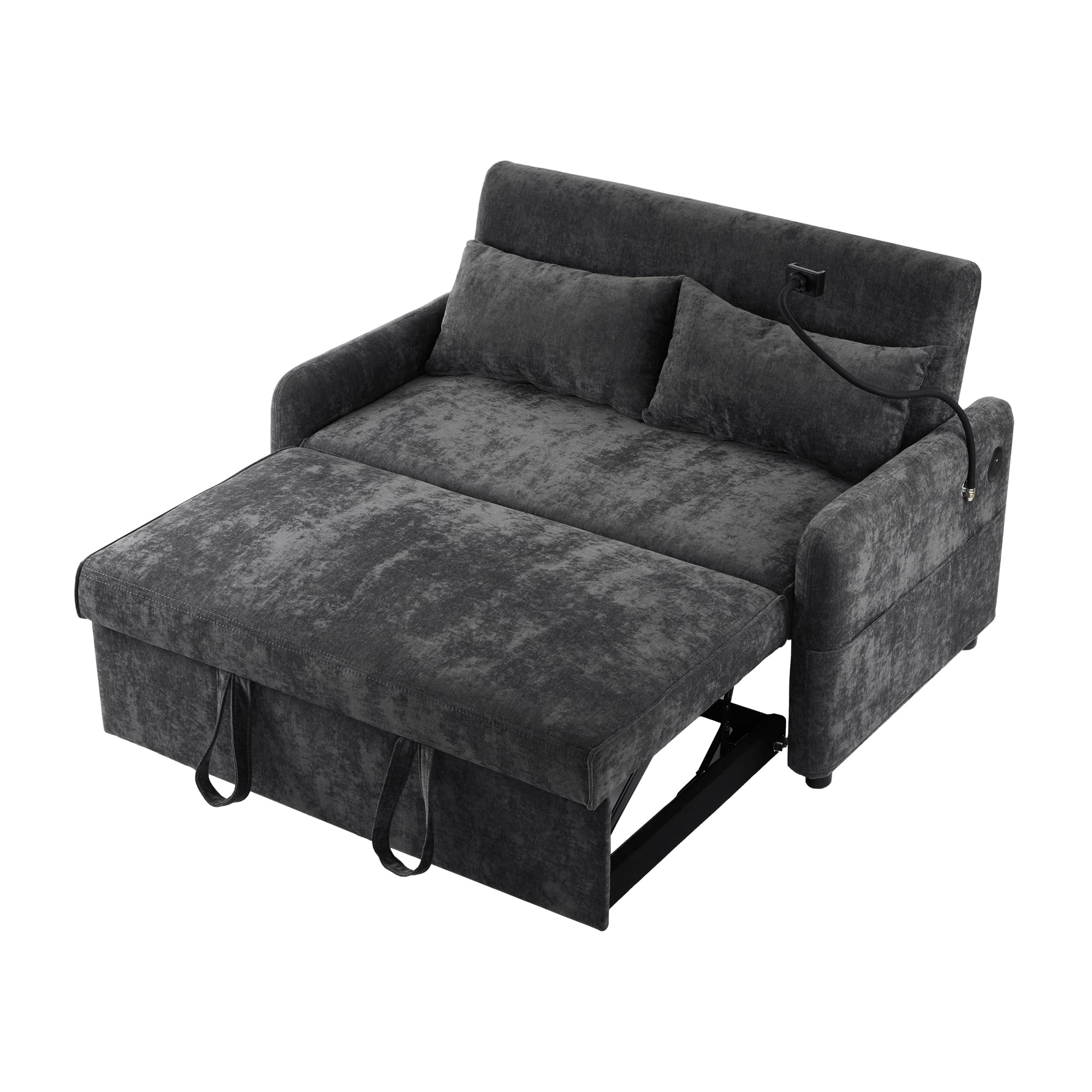 Azkoeesy Sofá cama plegable con función de dormir, sofá de 2 plazas con respaldo ajustable, soporte para móvil, USB, 2 cojines, tela de chenilla, para salón, dormitorio, sala de cine en casa (Gris)